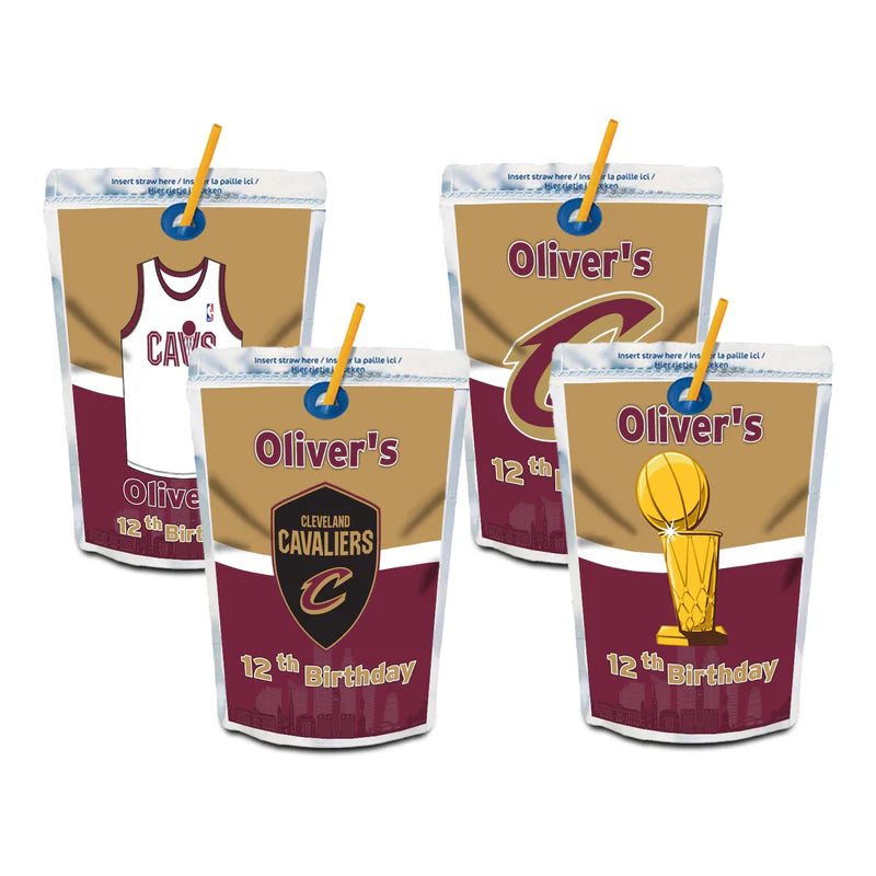Cleveland Cavaliers juice pouch label with vibrant team colors on silver pouch, custom text included