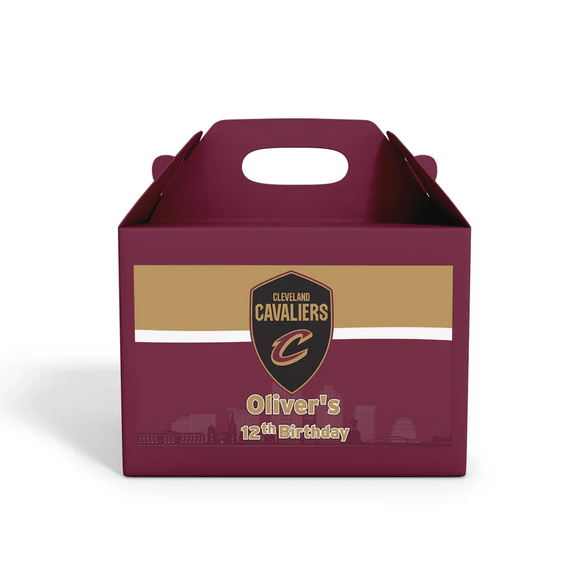 Cleveland Cavaliers treat box label in red and gold theme applied to kraft paper favor box, flat lay