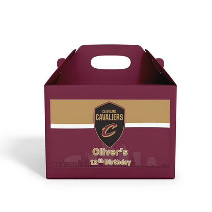 Cleveland Cavaliers treat box label in red and gold theme applied to kraft paper favor box, flat lay