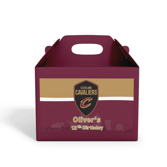 Cleveland Cavaliers treat box label in red and gold theme applied to kraft paper favor box, flat lay