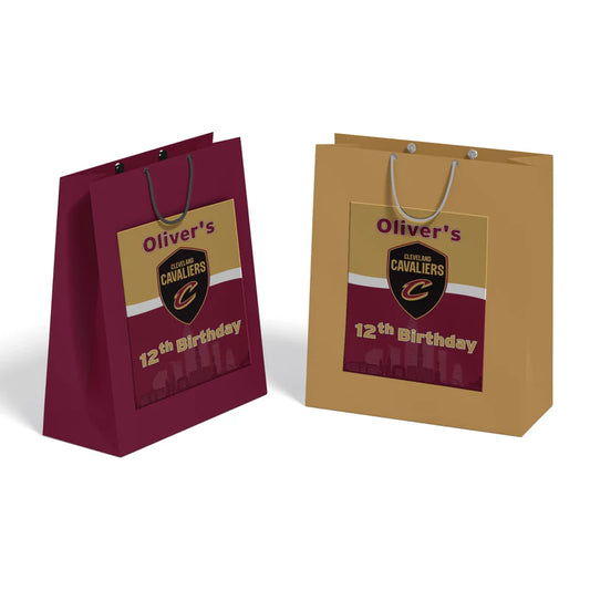Cleveland Cavaliers goodie bag label with logo and custom text on cellophane bag filled with candy