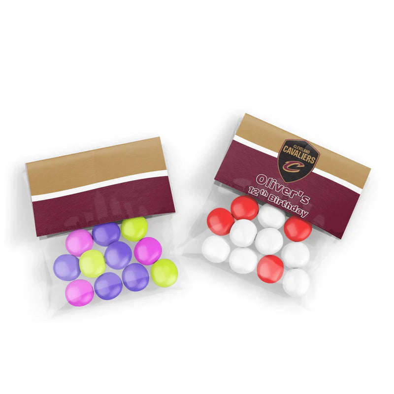 Cleveland Cavaliers treat bag topper label folded over clear plastic treat bag, personalized with name