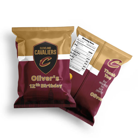 Cleveland Cavaliers chips bag label with dynamic red graphics wrapped around foil snack bag, flat lay