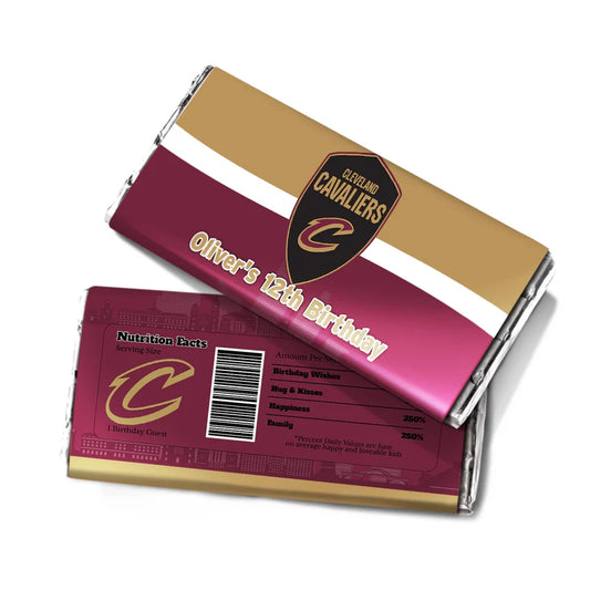 Cleveland Cavaliers chocolate label with logo and gold trim wrapped around mini candy bar