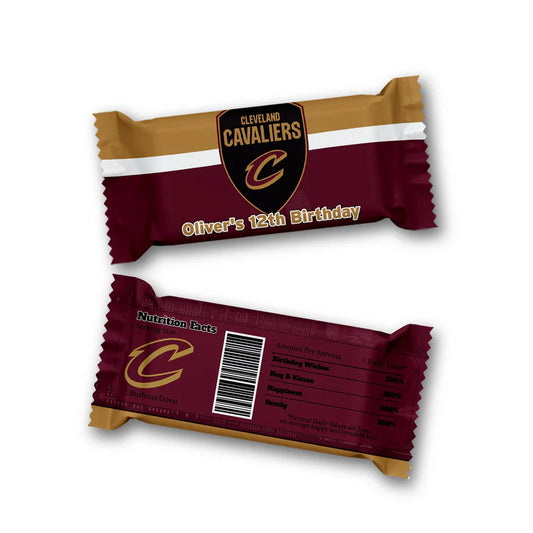 Cleveland Cavaliers Rice Krispies and candy bar label in team colors wrapped around rectangular snacks