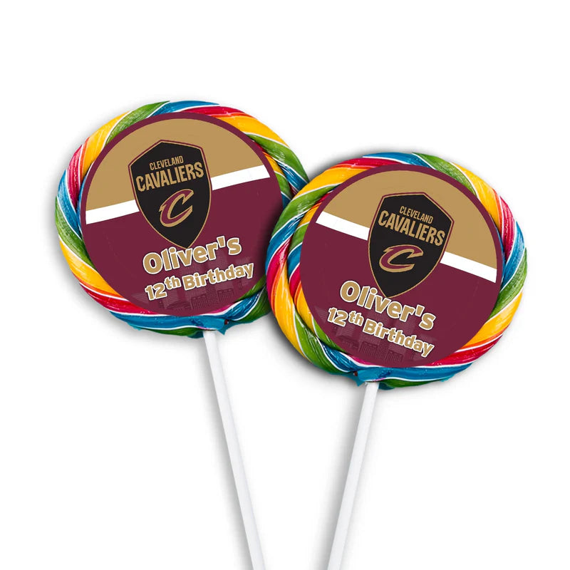 Cleveland Cavaliers lollipop label with circular sticker on red and white swirl lollipop, upright angle