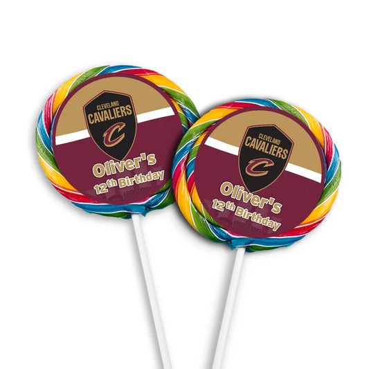 Cleveland Cavaliers lollipop label with circular sticker on red and white swirl lollipop, upright angle