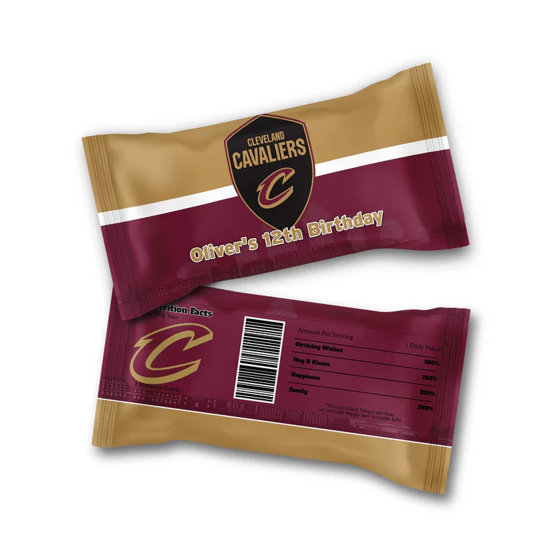 Cleveland Cavaliers Skittles label in red with bold text and logo on mini treat bag