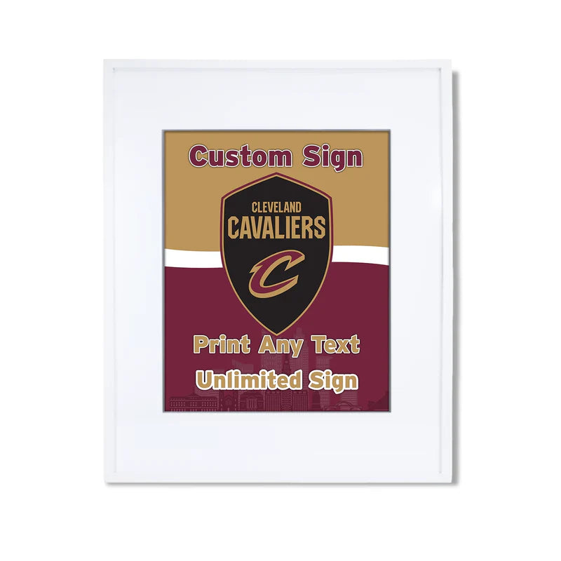 Cleveland Cavaliers custom sign with celebrant name and logo, displayed on easel at party entrance