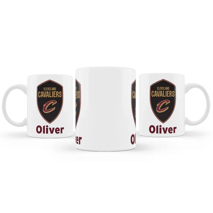 Cleveland Cavaliers sublimation mug in white ceramic with bold logo and name, shown on clean white table