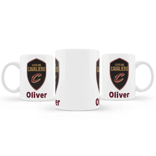 Cleveland Cavaliers sublimation mug in white ceramic with bold logo and name, shown on clean white table