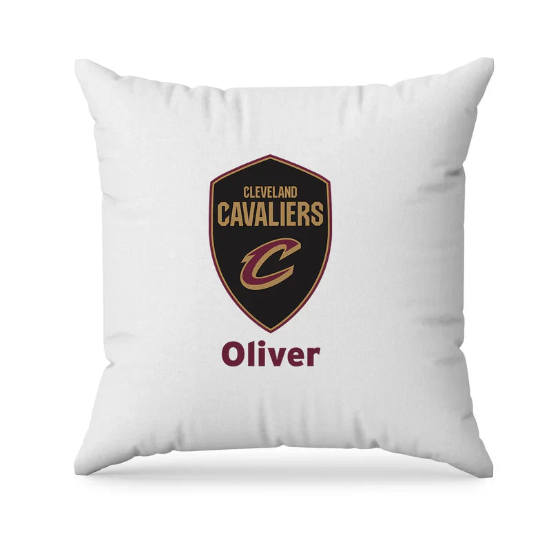 Cleveland Cavaliers sublimation pillowcase in red with large printed logo, styled on white bedding