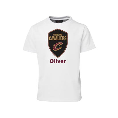 Cleveland Cavaliers sublimation T-shirt in white with team logo and custom text, folded on flat lay surface