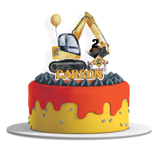 Personalized cake topper featuring construction theme and custom name 