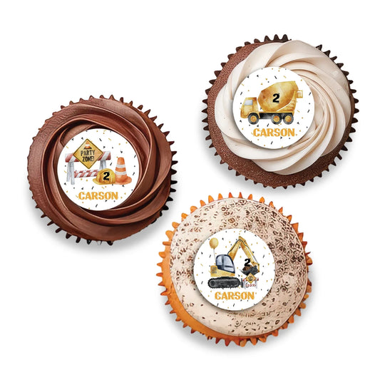 Personalized cupcake toppers designed with construction elements and custom text 