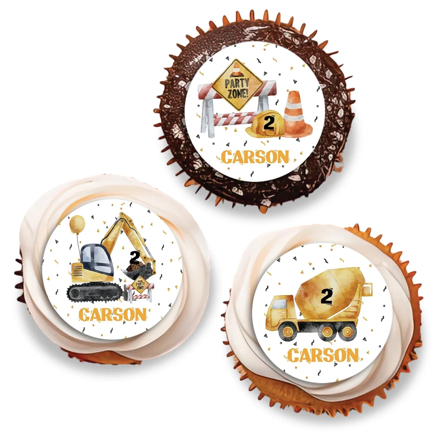 Personalized cupcake toppers designed with construction elements and custom text 