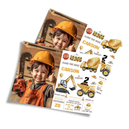 Photo card invitation featuring construction design and personalized images 