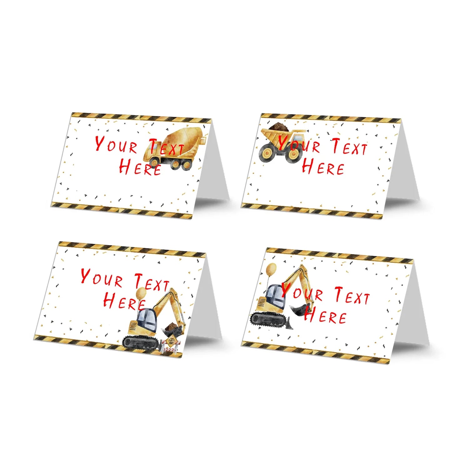 Food cards featuring construction theme for labeling dishes at parties 