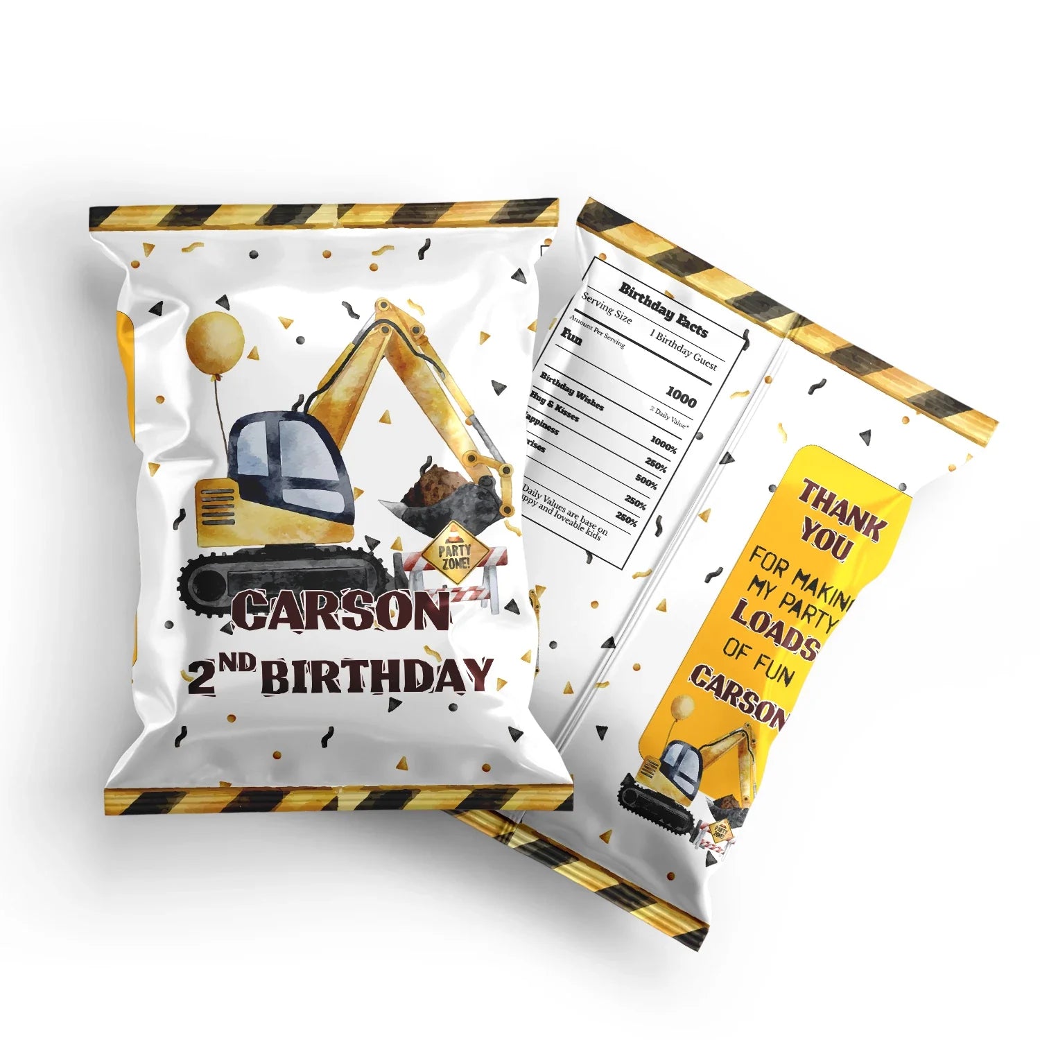 Chips bag label featuring construction theme and customizable details 