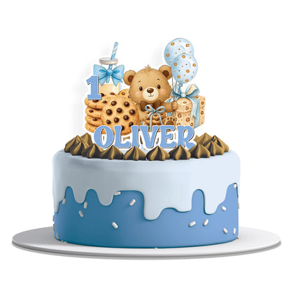 Cookies and milk personalized cake toppers with cookie and milk illustrations, layered cardstock style toppers displayed on white background