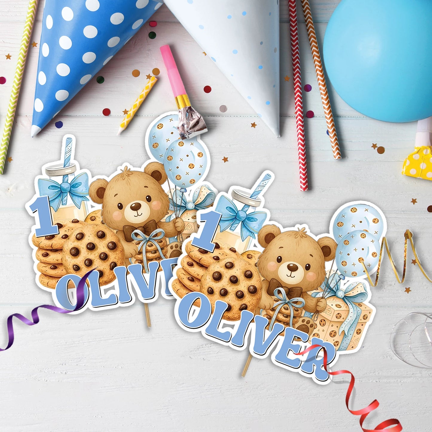 Cookies & Milk Birthday Decorations, Cookies & Bear Party Supplies, Baby Boy Birthday Themed, 1st Birthday Digital Template, Editable Cookies and Milk Image SVG PNG