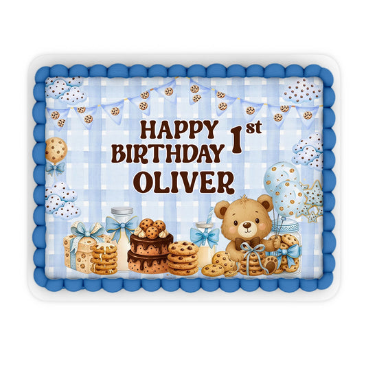 Cookies and milk personalized edible sheet cake images with cookie and milk dessert theme, rectangular icing sheets on white background