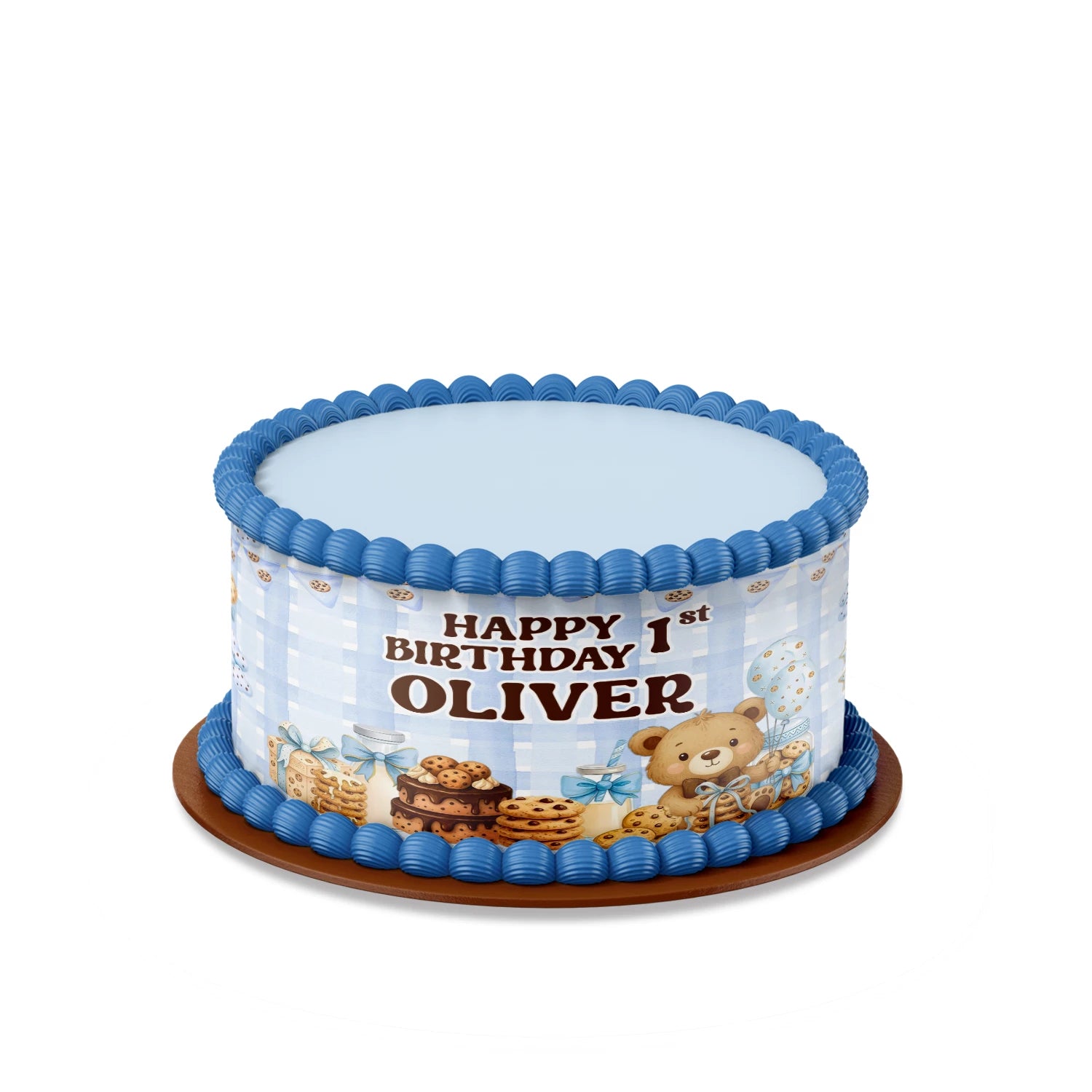 Cookies and milk personalized cake strips with chocolate chip cookie pattern and milk glass design, printable wrap shown on white background