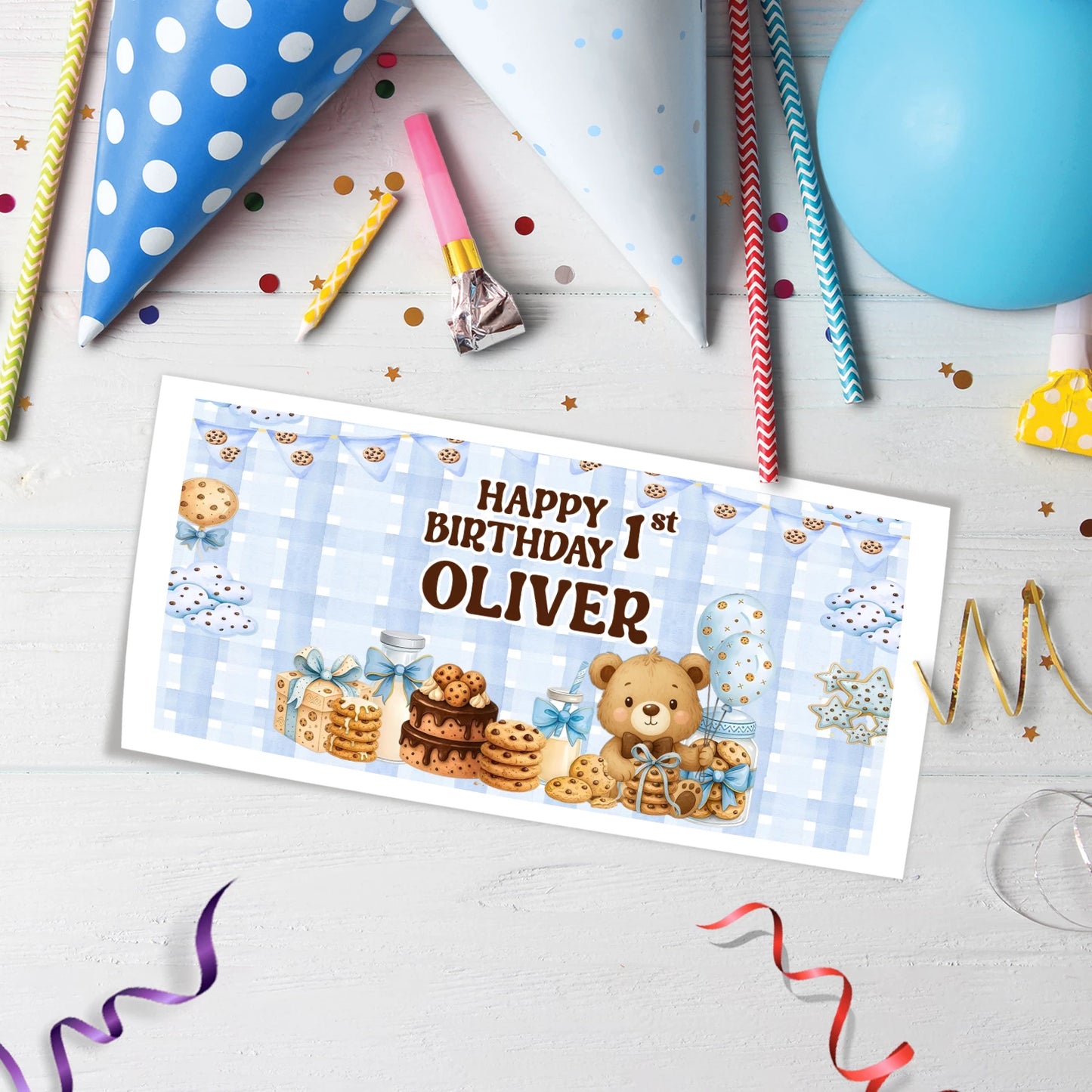 Cookies & Milk Birthday Decorations, Cookies & Bear Party Supplies, Baby Boy Birthday Themed, 1st Birthday Digital Template, Editable Cookies and Milk Image SVG PNG