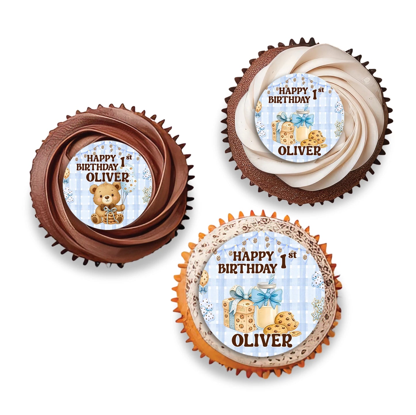 Cookies and milk personalized cupcake toppers with cookie and milk illustrations, round topper set arranged on white background
