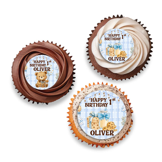 Cookies and milk personalized cupcake toppers with cookie and milk illustrations, round topper set arranged on white background