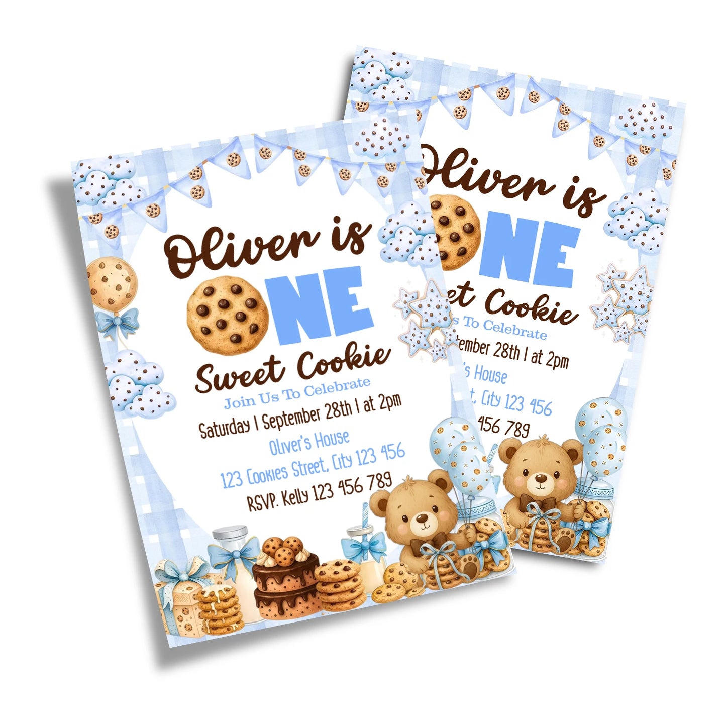Cookies and milk personalized birthday card invitations with dessert theme graphics, printed card layout on white background