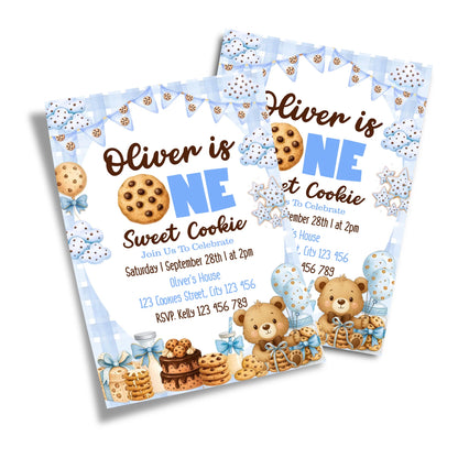 Cookies and milk personalized birthday card invitations with dessert theme graphics, printed card layout on white background