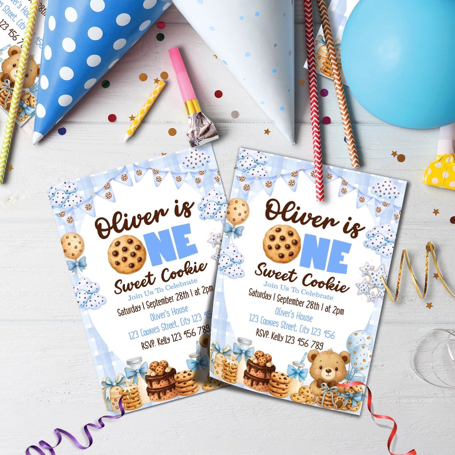 Cookies & Milk Birthday Decorations, Cookies & Bear Party Supplies, Baby Boy Birthday Themed, 1st Birthday Digital Template, Editable Cookies and Milk Image SVG PNG