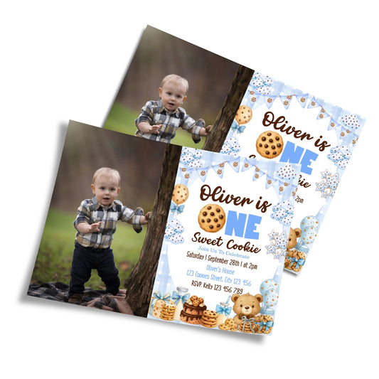 Cookies and milk personalized photo card invitations with cookie and milk theme and custom photo space, flat lay on white background