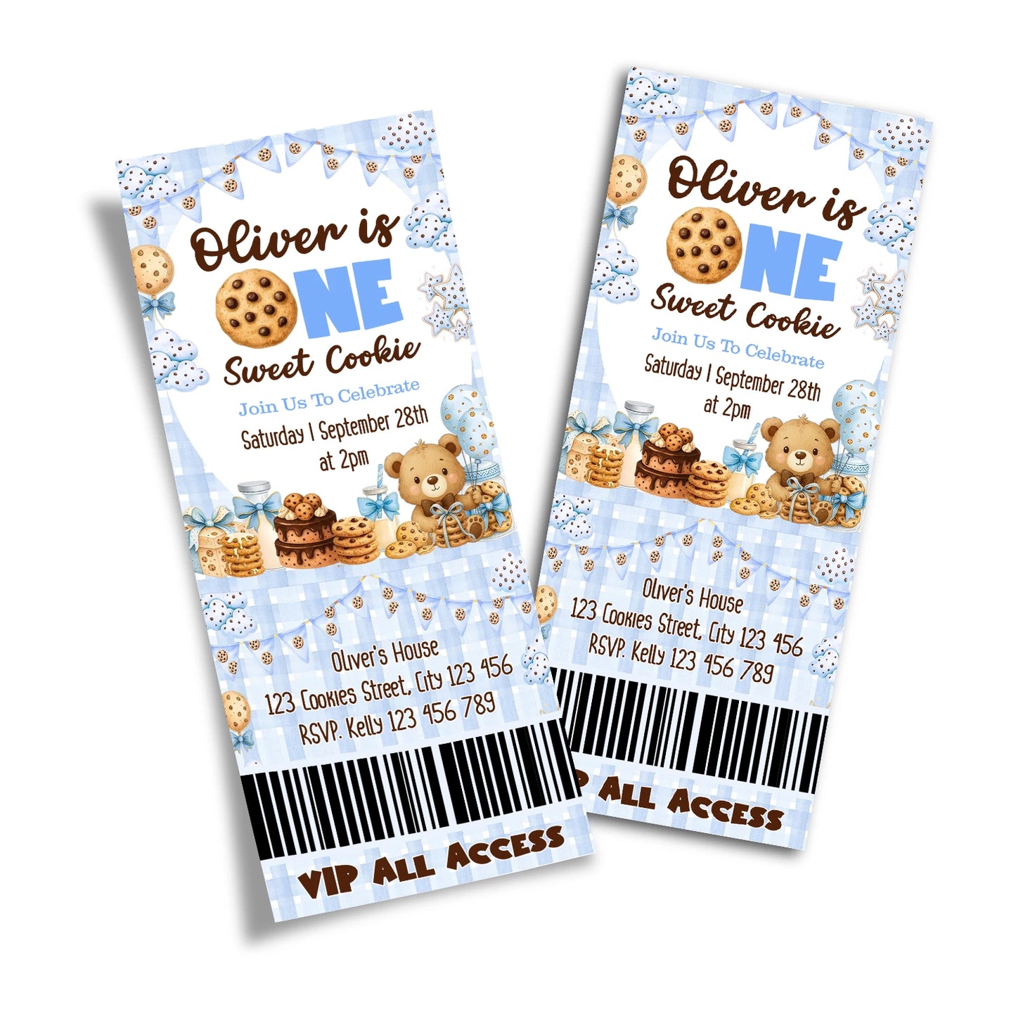 Cookies and milk personalized birthday ticket invitations with dessert theme graphics, ticket style design on white background