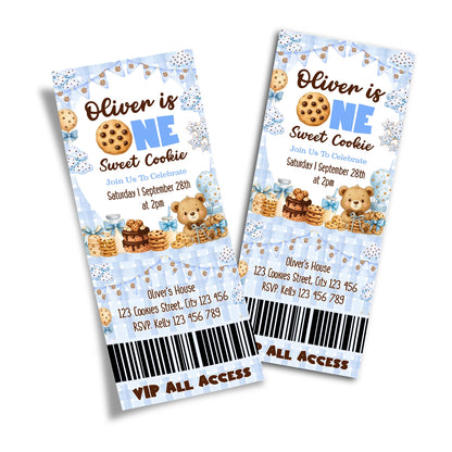 Cookies and milk personalized birthday ticket invitations with dessert theme graphics, ticket style design on white background