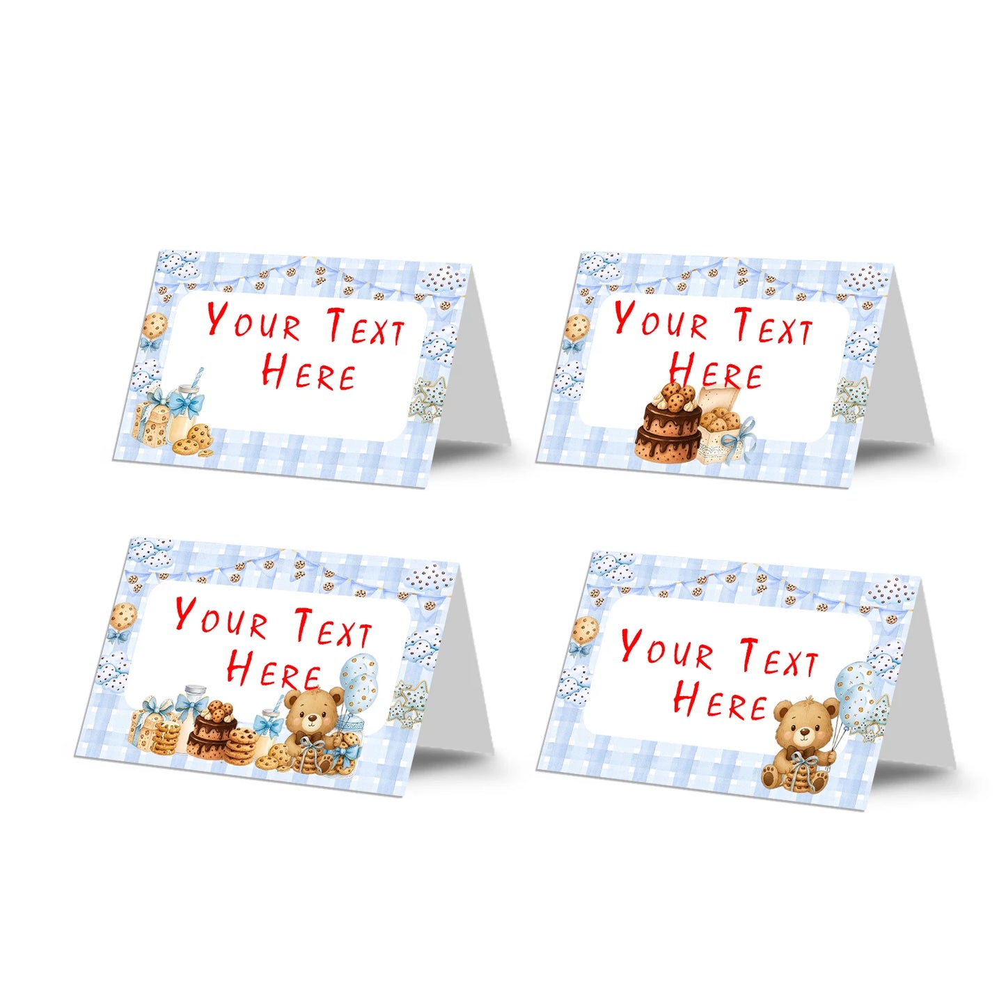Cookies and milk food cards with dessert theme cookie graphics, tent style table labels on white background