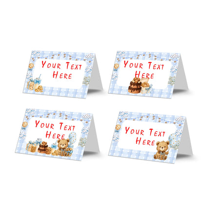 Cookies and milk food cards with dessert theme cookie graphics, tent style table labels on white background
