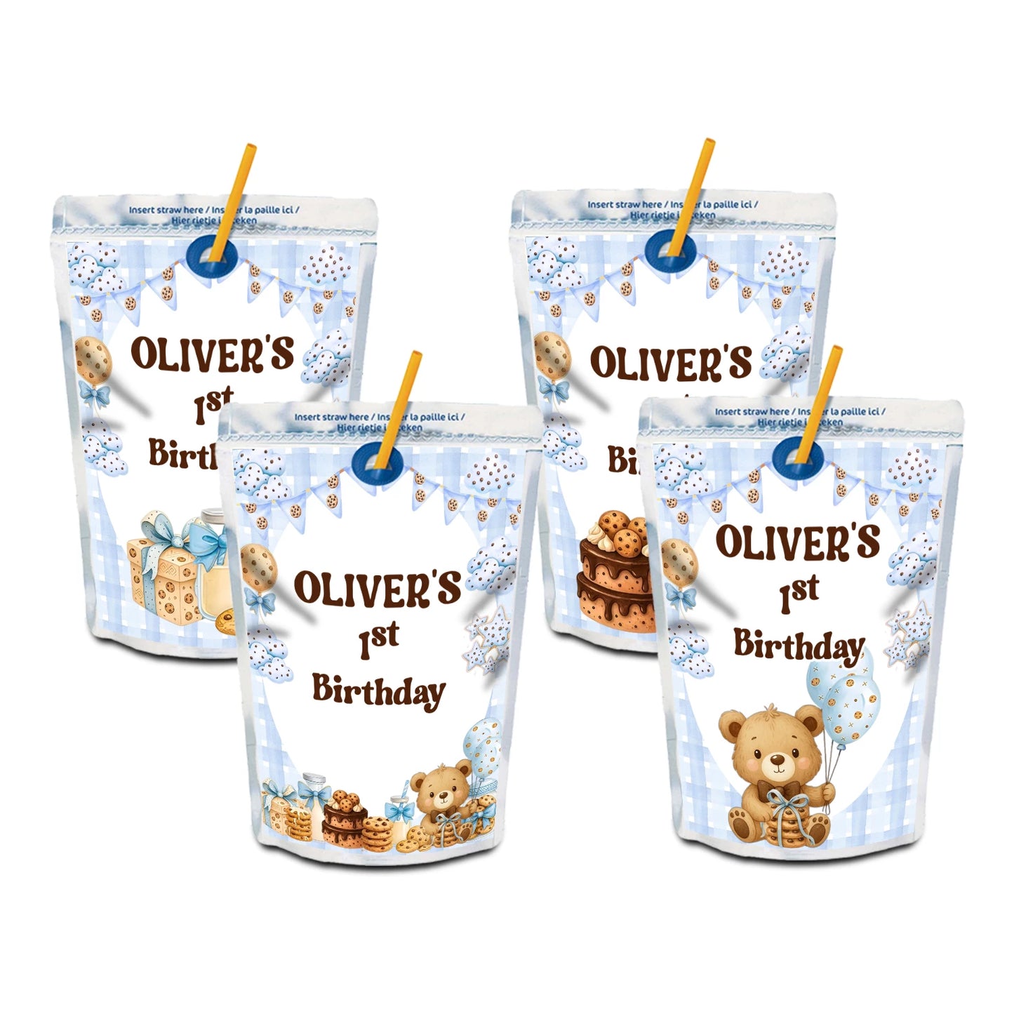 Cookies and milk juice pouch label with cookie and milk theme design, rectangular drink label on white background