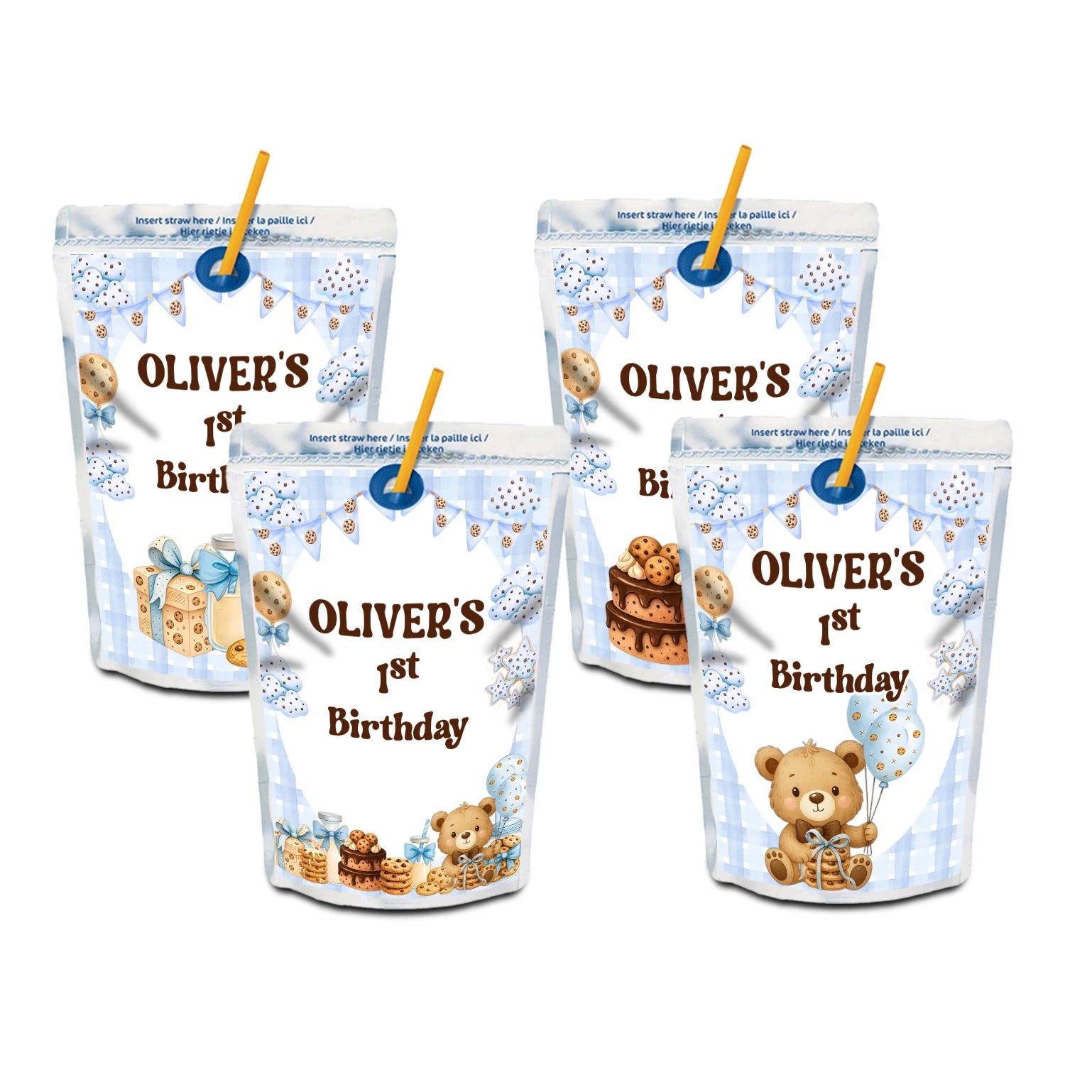 Cookies and milk juice pouch label with cookie and milk theme design, rectangular drink label on white background