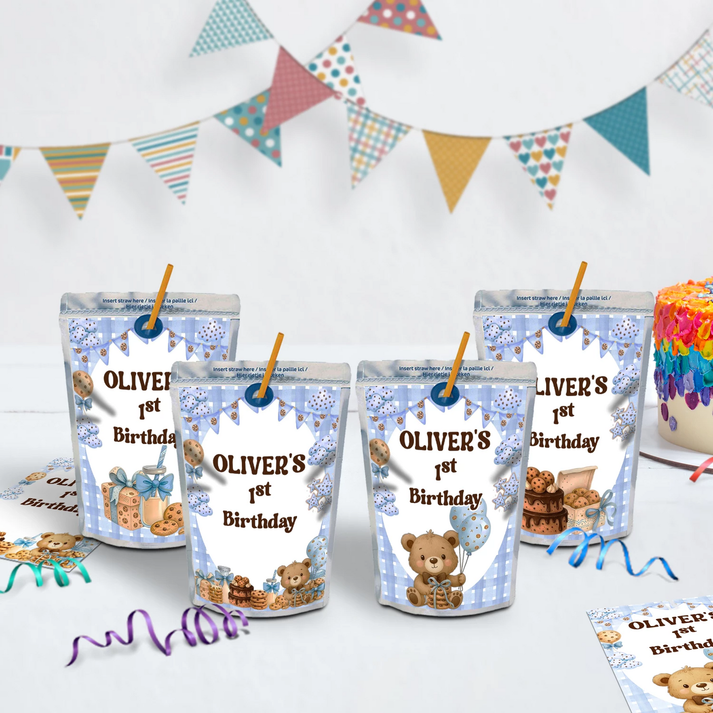Cookies & Milk Birthday Decorations, Cookies & Bear Party Supplies, Baby Boy Birthday Themed, 1st Birthday Digital Template, Editable Cookies and Milk Image SVG PNG