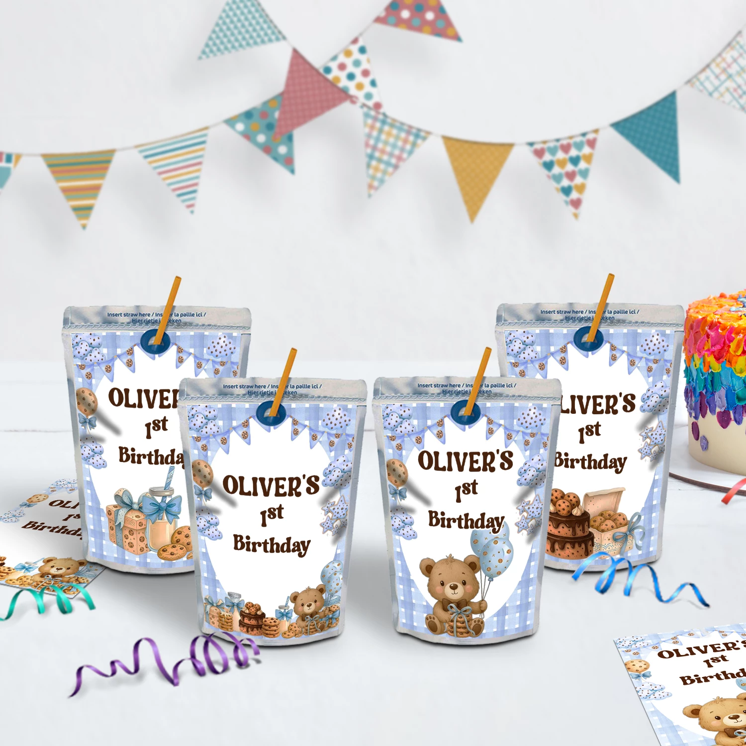 Cookies & Milk Birthday Decorations, Cookies & Bear Party Supplies, Baby Boy Birthday Themed, 1st Birthday Digital Template, Editable Cookies and Milk Image SVG PNG