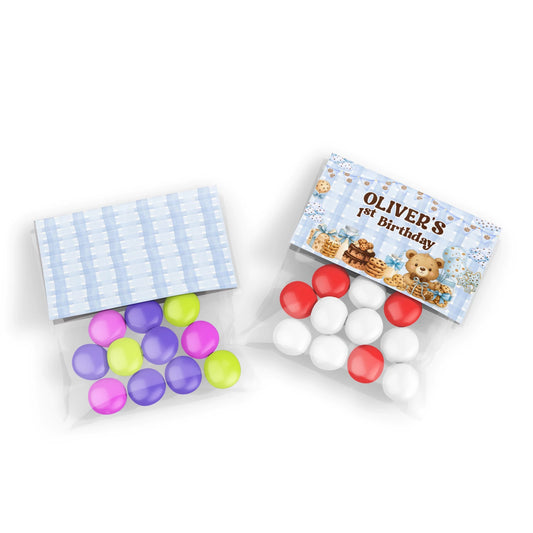 Cookies and milk treat bag topper label with cookie and milk illustrations, folded topper style on white background