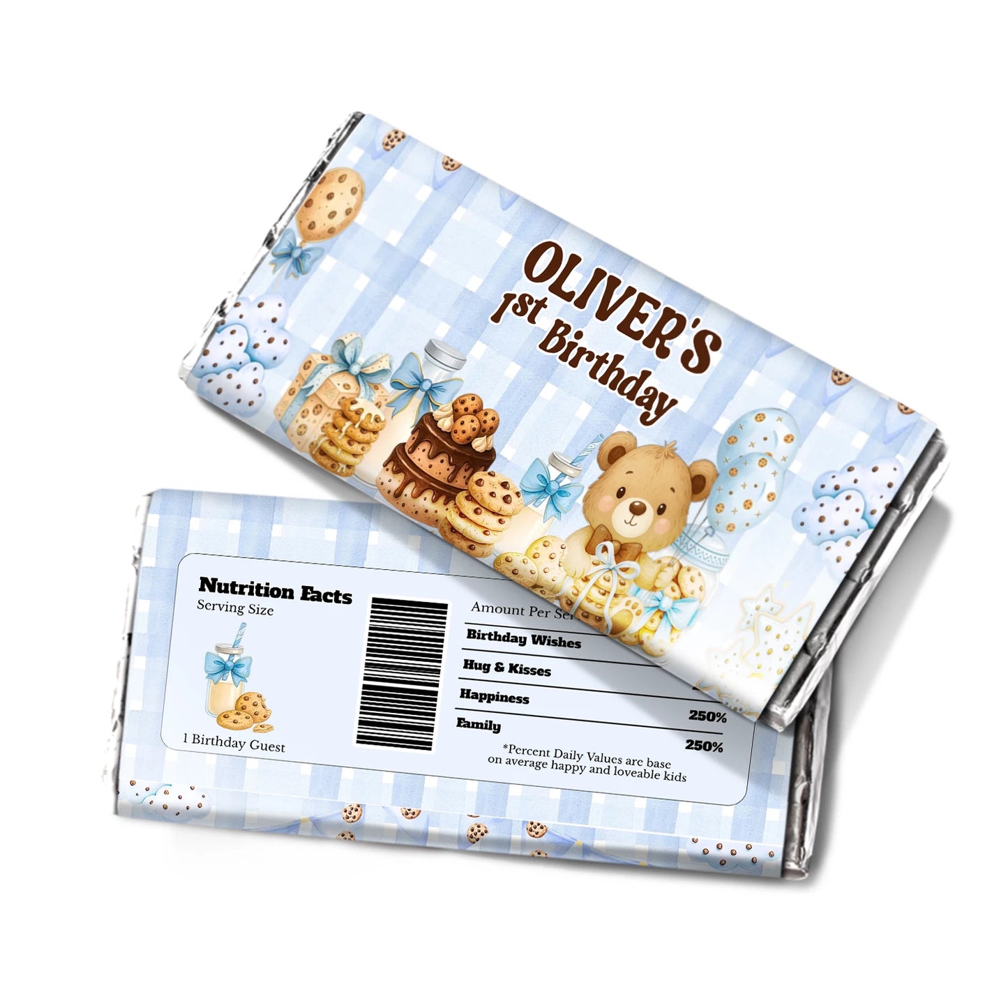 Cookies and milk chocolate label with cookie crumb pattern and milk glass graphics, candy bar wrapper on white background