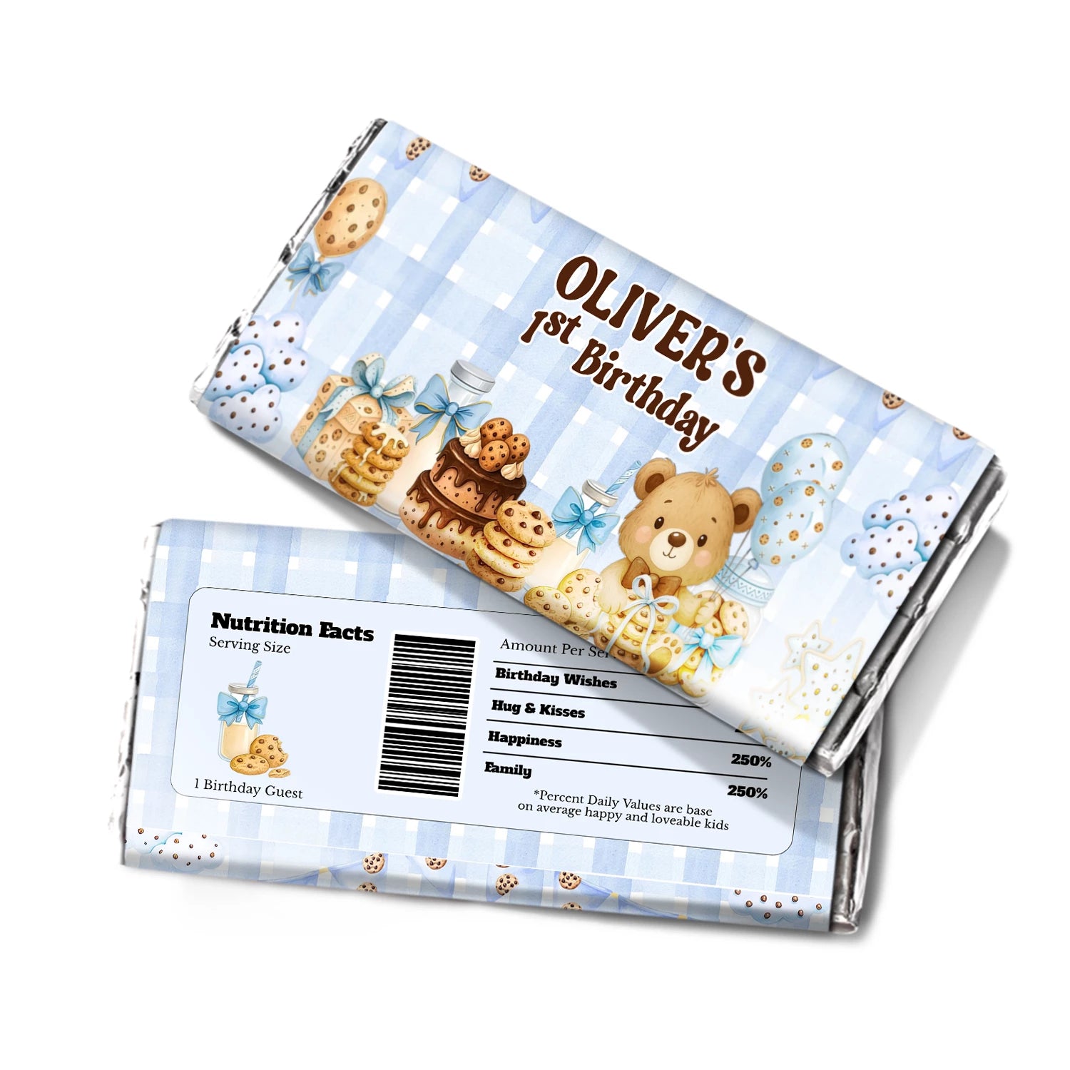 Cookies and milk chocolate label with cookie crumb pattern and milk glass graphics, candy bar wrapper on white background