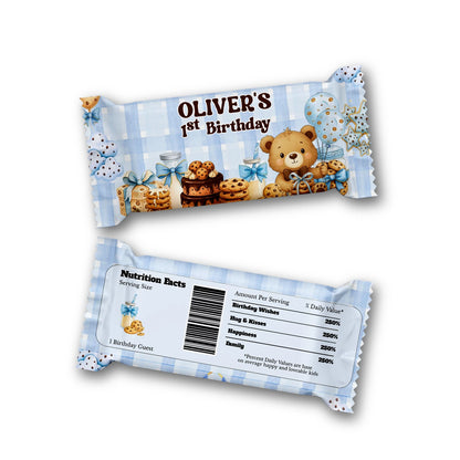 Cookies and milk Rice Krispies treats and candy bar labels with dessert theme cookie graphics, flat lay on white background