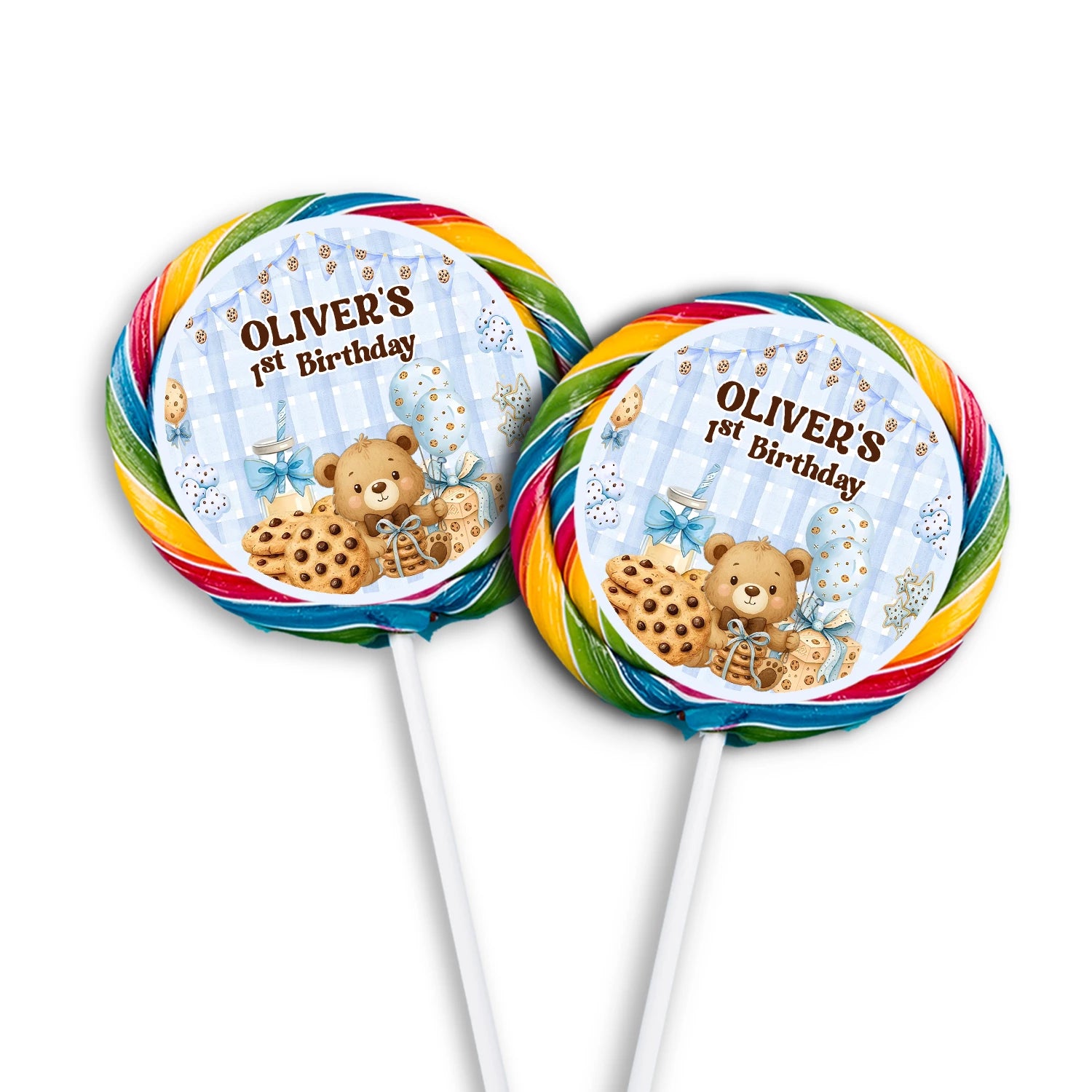 Cookies and milk lollipop label with cookie and milk illustrations, round candy sticker style on white background
