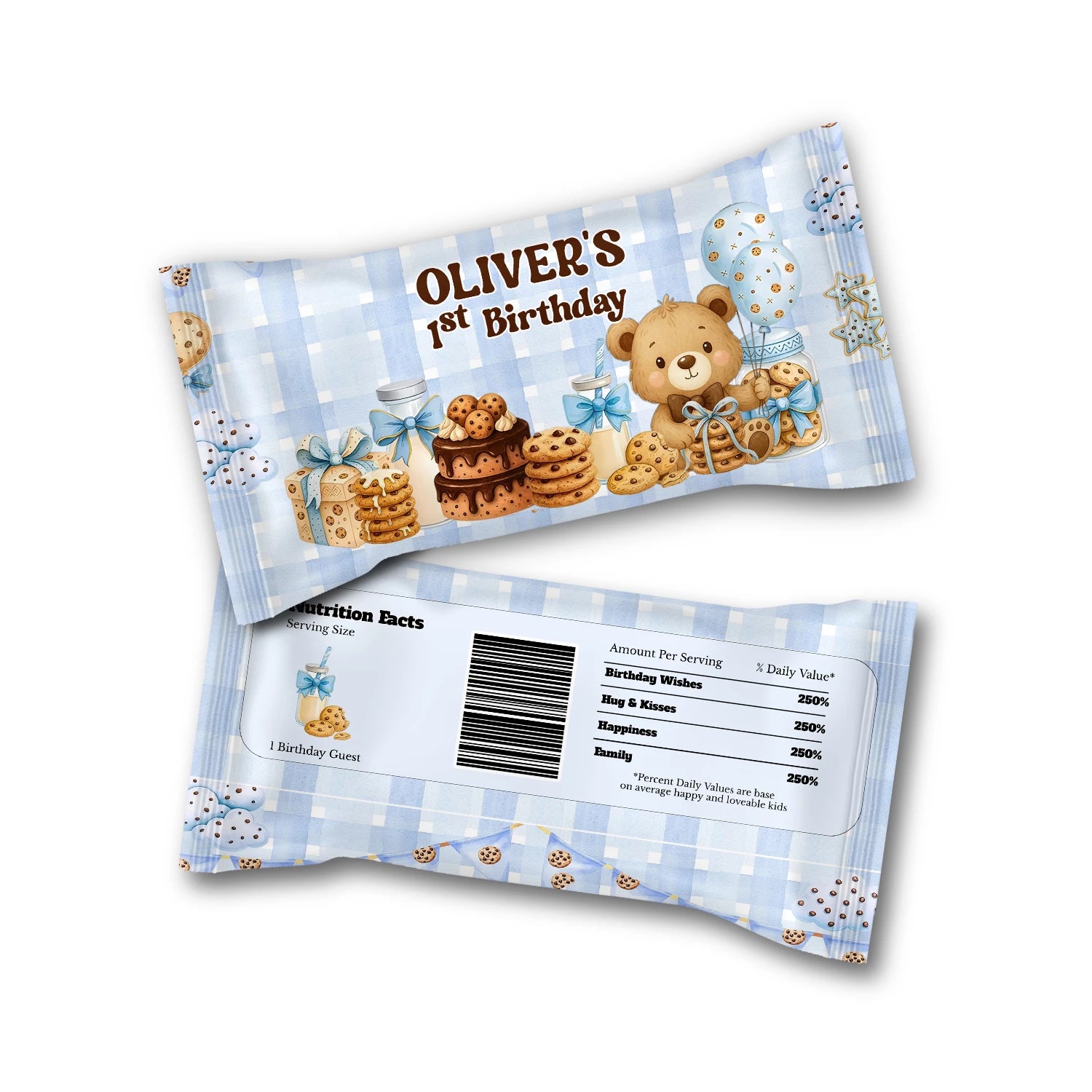 Cookies and milk Skittles label with cookie crumb pattern and milk theme graphics, candy wrapper label on white background