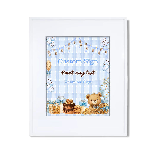 Cookies and milk custom sign with cookie and milk dessert theme graphics, rectangular party sign on white background