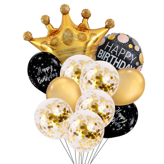 11-Piece Black and Gold Crown & Happy Birthday Confetti Foil/Latex Balloon Pack